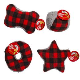 48 Wholesale Dog Toy Christmas Plush Plaid Ball/star/donut/bone In Pdq 4 Asst #p32127