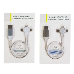 32 Bulk 3in1 Ft Charging Cable Asst Braided / Light Up *5.00*