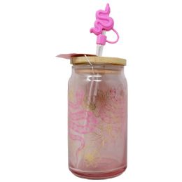 24 Wholesale Luster Glass with Sipper Straw Lid Pink Snake Flower