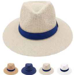 12 Wholesale Breathable Blue Color Band Flat Brim Straw Men Summer Hat