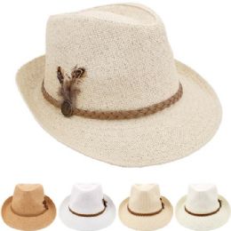 24 Wholesale Breathable Braided Band With Feather Straw Adult Fedora Hat