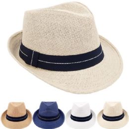 24 Bulk Breathable Assorted Colors Dotted Band Straw Adult Trilby Fedora Hat