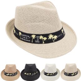 24 Wholesale Breathable Palm Trees Print Straw Adult Trilby Fedora Hat