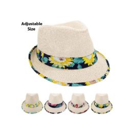 24 Wholesale Sunflower Band Print Trending Trilby Fedora Hat Adjustable Size
