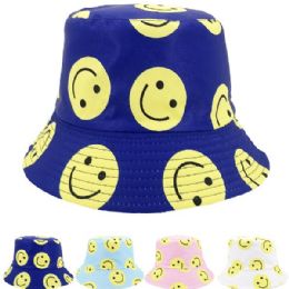 24 Wholesale Happy Face Emoji Print Double Sided Wearable Bucket Hat