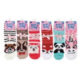 144 Pairs Womens Fuzzy Socks Assorted Animal Print - Womens Crew Sock