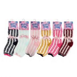 144 Pairs Womens Fuzzy Socks Assorted Color Striped - Womens Crew Sock