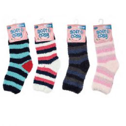 144 Bulk Womens Soft Cosy Fuzzy Winter Warm Home Striped Slipper Socks Size 9 To 11