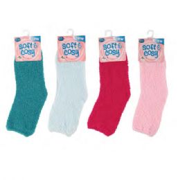 144 Bulk Women Plush Fuzzy Soft Slipper Socks Solid Plain Colors Warm And Cozy