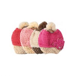 72 Wholesale Winter Wear Women`s Crochet With Flower Pattern Faux Fur Knitted Beanie