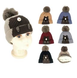48 Wholesale Kids Winter Warm Bear Pom Pom Hat