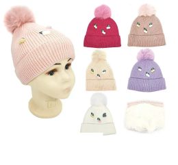 48 Pieces Girls Warm Knit Faux Fur Lined Winter Beanie Pom Pom Hat - Winter Beanie Hats
