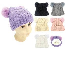 48 Pieces Girls Warm Faux Fur Lined Winter Cable Knit Beanie Pom Pom Hat - Winter Beanie Hats