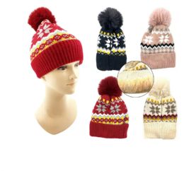 48 Bulk Women Winter Pom Pom Beanie Hats Warm Fleece Lined