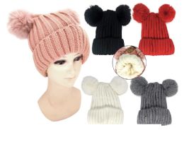 48 Wholesale Women Winter Pom Pom Beanie Hats Warm Fleece Lined