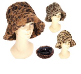 48 Pieces Winter Plush Bucket Hats Faux Fur Bucket Hat Animal Print - Bucket Hats