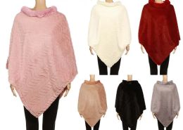 24 Wholesale Women's Pullover Poncho With Fur Collar Women's Cape Mix Colors, Sizes