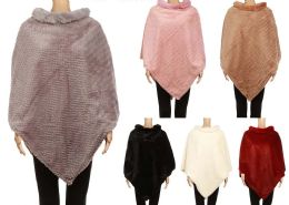 24 Bulk Women's Pullover Poncho With Fur Collar Women's Cape Mix Colors, Sizes