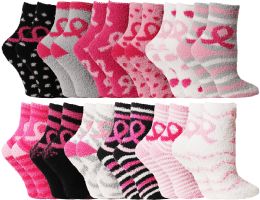 12 Wholesale Yacht & Smith Women's Breast Cancer Awareness Fuzzy Socks, Asst Prints Size 9-11
