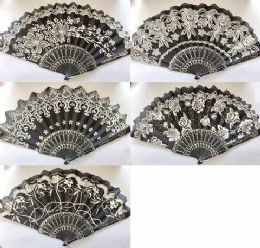 48 Pieces Black White Color Flower Print Fan - Novelty & Party Sunglasses