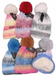 12 Wholesale Tie Dye Pompom Hat Fleece Line Inside