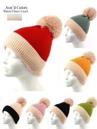 48 Wholesale Women's Winter Knitted Pom Pom Beanie Hat With Faux Fur