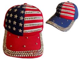 24 Bulk Rhinestone Blinbling Baseball Hat/cap Usa Flag