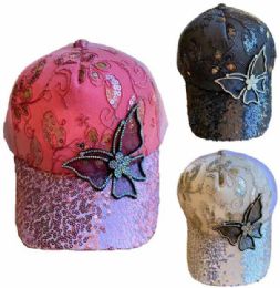 24 Wholesale Sequins And Rhinestone Baseball Cap Hat Butterfly Mesh