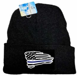 24 Wholesale Black Color Winter Beanie Back The Blue Usa Flag