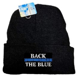 24 Wholesale Black Color Winter Beanie Back The Blue
