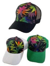 36 Pieces Colorful Marijuana Graphic All Over Mesh Baseball Caps - Baseball Caps & Snap Backs