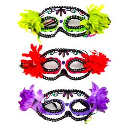 24 Wholesale Mask Carnivale Day Of The Dead W/poly Fabric 3ast W/flower Elastic Band/hlwn Tcd