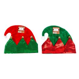 36 Wholesale Elf Hat W/bells Sequin Cuff 2ast Colors 12x16.5in Ht/jhook Red/green