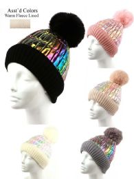 12 Wholesale Women's Winter Knitted Pom Pom Beanie Hat With Faux Fur