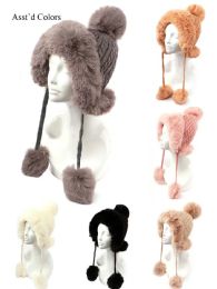 12 Bulk Women Winter Faux Fur Warm Knit With Pompom Ear Cover