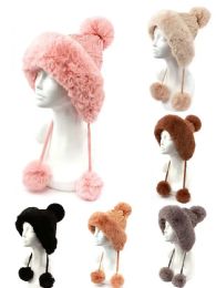 12 Pieces Women Winter Faux Fur Warm Knit With Pompom Ear Cover - Winter Hats