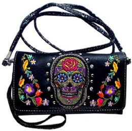 4 Pieces Sugar Skull With Flowers Wallet Purse Black - Shoulder Bags & Messenger Bags