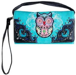 4 Wholesale Rhinestone Studded Owl Design Wallet Purse Turquoise
