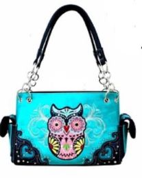 3 Pieces Rhinestone Embroidery Owl Design Purse Turquoise - Shoulder Bags & Messenger Bags