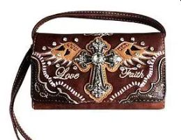4 Pieces Western Cross With Wing Brown Wallet Purse - Shoulder Bags & Messenger Bags