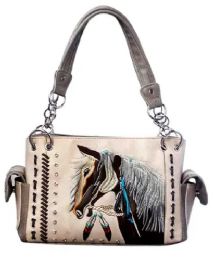 3 Pieces Beige Embroidered Horse Satchel Purse With Gun Pocket - Shoulder Bags & Messenger Bags