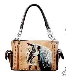3 Pieces Tan Western Horse Gun Pocket Satchel Purse - Shoulder Bags & Messenger Bags