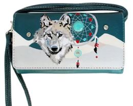 5 Wholesale Wallet Purse Long Strap Wolf With Dream Catcher Teal