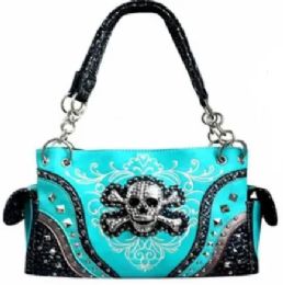 3 Pieces Turquoise Rhinestone Skull Satchel Purse With Gun Pocket - Shoulder Bags & Messenger Bags