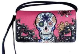 6 Pieces Pink Sugar Skull Wallet Purse With Long Strap - Shoulder Bags & Messenger Bags