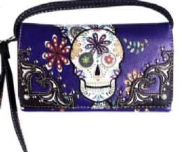 6 Pieces Purple Sugar Skull Wallet Purse With Long Strap - Shoulder Bags & Messenger Bags