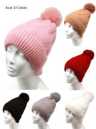 12 Bulk Women's Winter Knitted Pom Pom Beanie Hat With Faux Fur