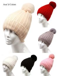 12 Bulk Women's Winter Knitted Pom Pom Beanie Hat with Faux Fur
