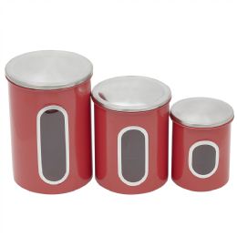 6 pieces Home Basics 3 Piece Stainless Steel Top Canisters with Windows, Red - Storage & Organization