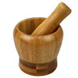 12 Wholesale Home Basics Non-Skid Rustic No-Spill Large Bamboo Mortar and Pestle, Natural